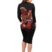 Guam Tribal Chamorro Long Sleeve Bodycon Dress Polynesian Shark with Plumeria and Sea Vibe - Polynesian Pride