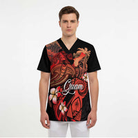 Guam Tribal Chamorro Scrub Top Polynesian Shark with Plumeria and Sea Vibe - Polynesian Pride