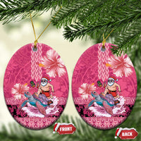 Hawaii Mele Kalikimaka Ceramic Ornament Funny Santa with Tribal Tattoos Kakau Pink Color - Polynesian Pride