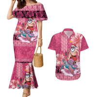 Hawaii Mele Kalikimaka Couples Matching Mermaid Dress and Hawaiian Shirt Funny Santa with Tribal Tattoos Kakau Pink Color - Polynesian Pride