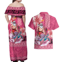 Hawaii Mele Kalikimaka Couples Matching Off Shoulder Maxi Dress and Hawaiian Shirt Funny Santa with Tribal Tattoos Kakau Pink Color - Polynesian Pride