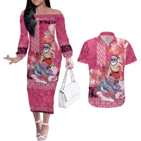 Hawaii Mele Kalikimaka Couples Matching Off The Shoulder Long Sleeve Dress and Hawaiian Shirt Funny Santa with Tribal Tattoos Kakau Pink Color LT03 Pink - Polynesian Pride
