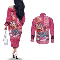 Hawaii Mele Kalikimaka Couples Matching Off The Shoulder Long Sleeve Dress and Long Sleeve Button Shirt Funny Santa with Tribal Tattoos Kakau Pink Color - Polynesian Pride