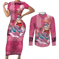 Hawaii Mele Kalikimaka Couples Matching Short Sleeve Bodycon Dress and Long Sleeve Button Shirt Funny Santa with Tribal Tattoos Kakau Pink Color LT03 Pink - Polynesian Pride