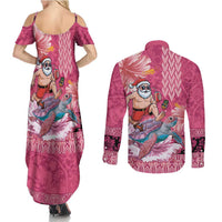 Hawaii Mele Kalikimaka Couples Matching Summer Maxi Dress and Long Sleeve Button Shirt Funny Santa with Tribal Tattoos Kakau Pink Color - Polynesian Pride