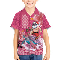 Hawaii Mele Kalikimaka Family Matching Long Sleeve Bodycon Dress and Hawaiian Shirt Funny Santa with Tribal Tattoos Kakau Pink Color LT03 Son's Shirt Pink - Polynesian Pride