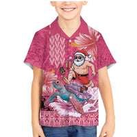 Hawaii Mele Kalikimaka Family Matching Mermaid Dress and Hawaiian Shirt Funny Santa with Tribal Tattoos Kakau Pink Color - Polynesian Pride