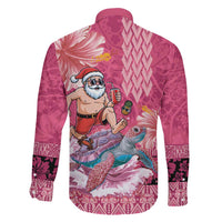 Hawaii Mele Kalikimaka Family Matching Off The Shoulder Long Sleeve Dress and Hawaiian Shirt Funny Santa with Tribal Tattoos Kakau Pink Color LT03 - Polynesian Pride