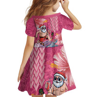 Hawaii Mele Kalikimaka Family Matching Off Shoulder Short Dress and Hawaiian Shirt Funny Santa with Tribal Tattoos Kakau Pink Color LT03 - Polynesian Pride