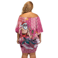 Hawaii Mele Kalikimaka Family Matching Off Shoulder Short Dress and Hawaiian Shirt Funny Santa with Tribal Tattoos Kakau Pink Color - Polynesian Pride