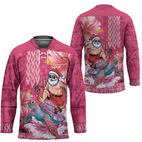 Hawaii Mele Kalikimaka Hockey Jersey Funny Santa with Tribal Tattoos Kakau Pink Color - Polynesian Pride