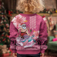 Hawaii Mele Kalikimaka Kid Ugly Christmas Sweater Funny Santa with Tribal Tattoos Kakau Pink Color - Polynesian Pride