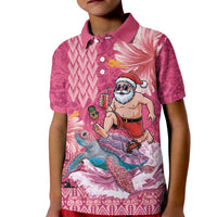 Hawaii Mele Kalikimaka Kid Polo Shirt Funny Santa with Tribal Tattoos Kakau Pink Color - Polynesian Pride