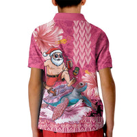 Hawaii Mele Kalikimaka Kid Polo Shirt Funny Santa with Tribal Tattoos Kakau Pink Color - Polynesian Pride