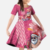 Hawaii Mele Kalikimaka Kid Short Sleeve Dress Funny Santa with Tribal Tattoos Kakau Pink Color LT03 KID Pink - Polynesian Pride