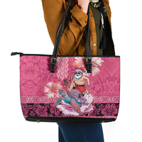 Hawaii Mele Kalikimaka Leather Tote Bag Funny Santa with Tribal Tattoos Kakau Pink Color - Polynesian Pride