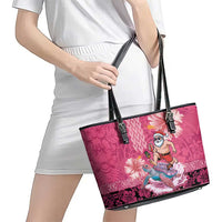 Hawaii Mele Kalikimaka Leather Tote Bag Funny Santa with Tribal Tattoos Kakau Pink Color - Polynesian Pride