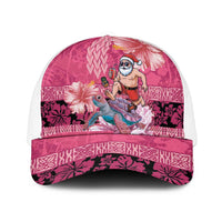 Hawaii Mele Kalikimaka Mesh Trucker Cap Funny Santa with Tribal Tattoos Kakau Pink Color LT03 One Size White Pink - Polynesian Pride