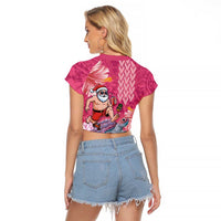 Hawaii Mele Kalikimaka Raglan Cropped T Shirt Funny Santa with Tribal Tattoos Kakau Pink Color - Polynesian Pride