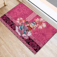 Hawaii Mele Kalikimaka Rubber Doormat Funny Santa with Tribal Tattoos Kakau Pink Color - Polynesian Pride