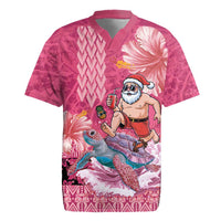 Hawaii Mele Kalikimaka Rugby Jersey Funny Santa with Tribal Tattoos Kakau Pink Color - Polynesian Pride