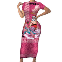Hawaii Mele Kalikimaka Short Sleeve Bodycon Dress Funny Santa with Tribal Tattoos Kakau Pink Color LT03 Long Dress Pink - Polynesian Pride