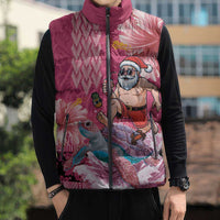 Hawaii Mele Kalikimaka Sleeveless Puffer Jacket Funny Santa with Tribal Tattoos Kakau Pink Color - Polynesian Pride