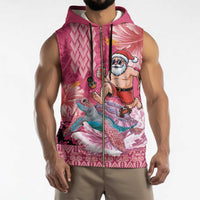 Hawaii Mele Kalikimaka Sleeveless Zip Hoodie Funny Santa with Tribal Tattoos Kakau Pink Color - Polynesian Pride