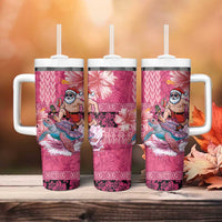 Hawaii Mele Kalikimaka Tumbler With Handle Funny Santa with Tribal Tattoos Kakau Pink Color - Polynesian Pride