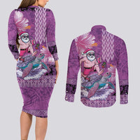 Hawaii Mele Kalikimaka Couples Matching Long Sleeve Bodycon Dress and Long Sleeve Button Shirt Funny Santa with Tribal Tattoos Kakau Purple Color - Polynesian Pride