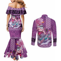 Hawaii Mele Kalikimaka Couples Matching Mermaid Dress and Long Sleeve Button Shirt Funny Santa with Tribal Tattoos Kakau Purple Color - Polynesian Pride