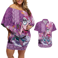 Hawaii Mele Kalikimaka Couples Matching Off Shoulder Short Dress and Hawaiian Shirt Funny Santa with Tribal Tattoos Kakau Purple Color LT03 Purple - Polynesian Pride