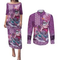 Hawaii Mele Kalikimaka Couples Matching Puletasi and Long Sleeve Button Shirt Funny Santa with Tribal Tattoos Kakau Purple Color LT03 Purple - Polynesian Pride