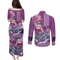 Hawaii Mele Kalikimaka Couples Matching Puletasi and Long Sleeve Button Shirt Funny Santa with Tribal Tattoos Kakau Purple Color LT03 - Polynesian Pride