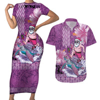 Hawaii Mele Kalikimaka Couples Matching Short Sleeve Bodycon Dress and Hawaiian Shirt Funny Santa with Tribal Tattoos Kakau Purple Color LT03 Purple - Polynesian Pride