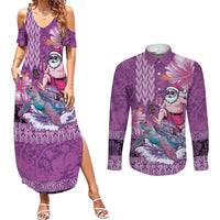 Hawaii Mele Kalikimaka Couples Matching Summer Maxi Dress and Long Sleeve Button Shirt Funny Santa with Tribal Tattoos Kakau Purple Color LT03 Purple - Polynesian Pride