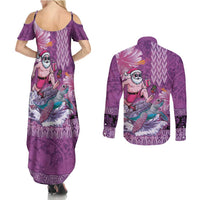 Hawaii Mele Kalikimaka Couples Matching Summer Maxi Dress and Long Sleeve Button Shirt Funny Santa with Tribal Tattoos Kakau Purple Color - Polynesian Pride