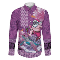 Hawaii Mele Kalikimaka Family Matching Off The Shoulder Long Sleeve Dress and Hawaiian Shirt Funny Santa with Tribal Tattoos Kakau Purple Color LT03 Dad's Shirt - Long Sleeve Purple - Polynesian Pride