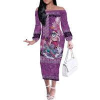 Hawaii Mele Kalikimaka Family Matching Off The Shoulder Long Sleeve Dress and Hawaiian Shirt Funny Santa with Tribal Tattoos Kakau Purple Color LT03 Mom's Dress Purple - Polynesian Pride