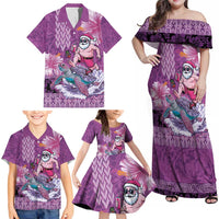 Hawaii Mele Kalikimaka Family Matching Off Shoulder Maxi Dress and Hawaiian Shirt Funny Santa with Tribal Tattoos Kakau Purple Color - Polynesian Pride