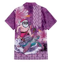 Hawaii Mele Kalikimaka Family Matching Off Shoulder Short Dress and Hawaiian Shirt Funny Santa with Tribal Tattoos Kakau Purple Color LT03 - Polynesian Pride