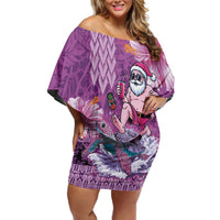 Hawaii Mele Kalikimaka Family Matching Off Shoulder Short Dress and Hawaiian Shirt Funny Santa with Tribal Tattoos Kakau Purple Color LT03 Mom's Dress Purple - Polynesian Pride
