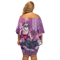 Hawaii Mele Kalikimaka Family Matching Off Shoulder Short Dress and Hawaiian Shirt Funny Santa with Tribal Tattoos Kakau Purple Color LT03 - Polynesian Pride
