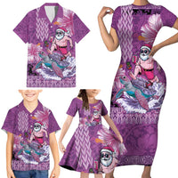 Hawaii Mele Kalikimaka Family Matching Short Sleeve Bodycon Dress and Hawaiian Shirt Funny Santa with Tribal Tattoos Kakau Purple Color - Polynesian Pride