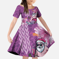 Hawaii Mele Kalikimaka Family Matching Summer Maxi Dress and Hawaiian Shirt Funny Santa with Tribal Tattoos Kakau Purple Color LT03 Daughter's Dress Purple - Polynesian Pride