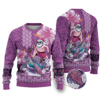 Hawaii Mele Kalikimaka Ugly Christmas Sweater Funny Santa with Tribal Tattoos Kakau Purple Color - Polynesian Pride