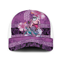 Hawaii Mele Kalikimaka Mesh Trucker Cap Funny Santa with Tribal Tattoos Kakau Purple Color LT03 One Size White Purple - Polynesian Pride