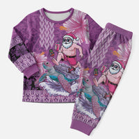 Hawaii Mele Kalikimaka Christmas Pajama Set Funny Santa with Tribal Tattoos Kakau Purple Color - Polynesian Pride