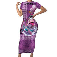 Hawaii Mele Kalikimaka Short Sleeve Bodycon Dress Funny Santa with Tribal Tattoos Kakau Purple Color LT03 Long Dress Purple - Polynesian Pride
