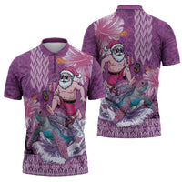 Hawaii Mele Kalikimaka Zipper Polo Shirt Funny Santa with Tribal Tattoos Kakau Purple Color - Polynesian Pride